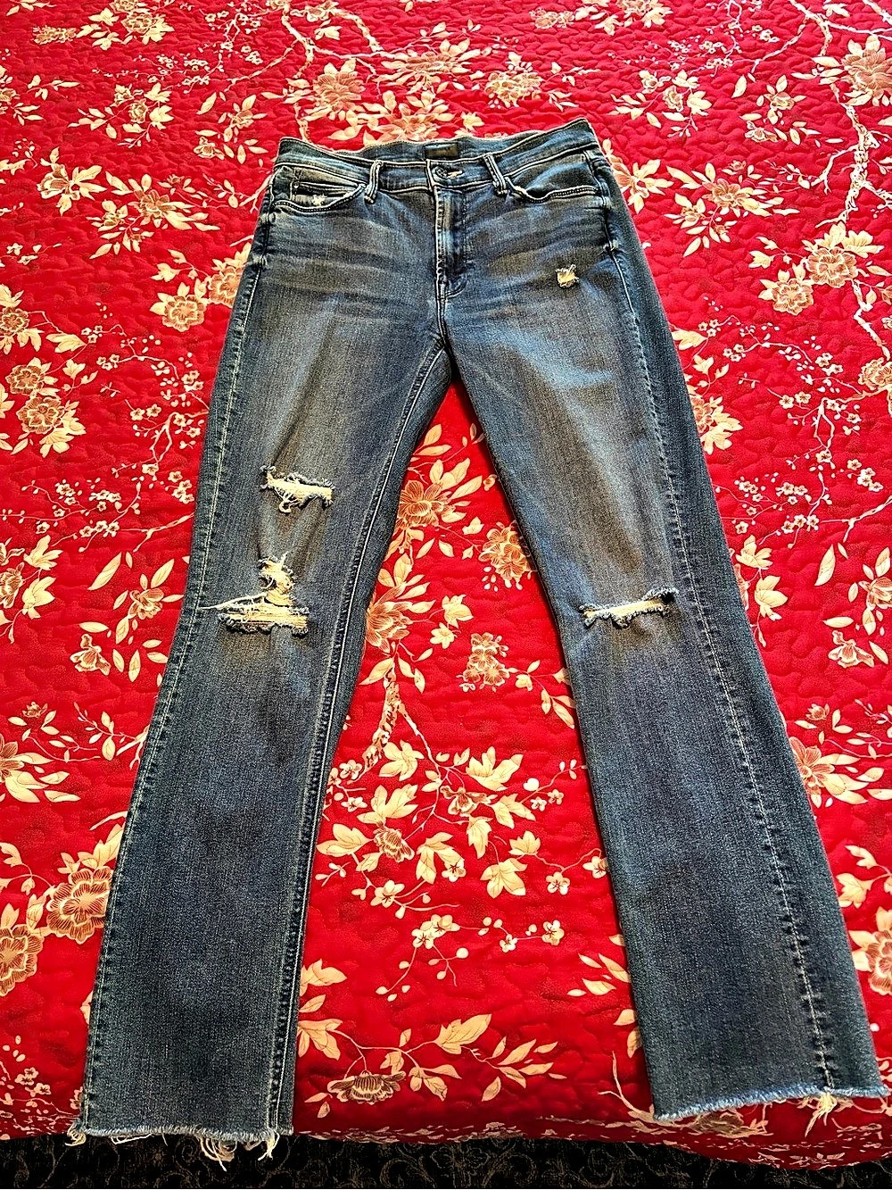 Mother The Mid Rise Dazzler Ankle Fray Distressed Blue Jeans